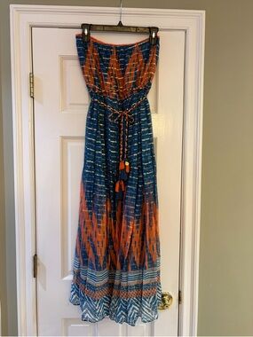 Strapless Blue & Orange Maxi Dress